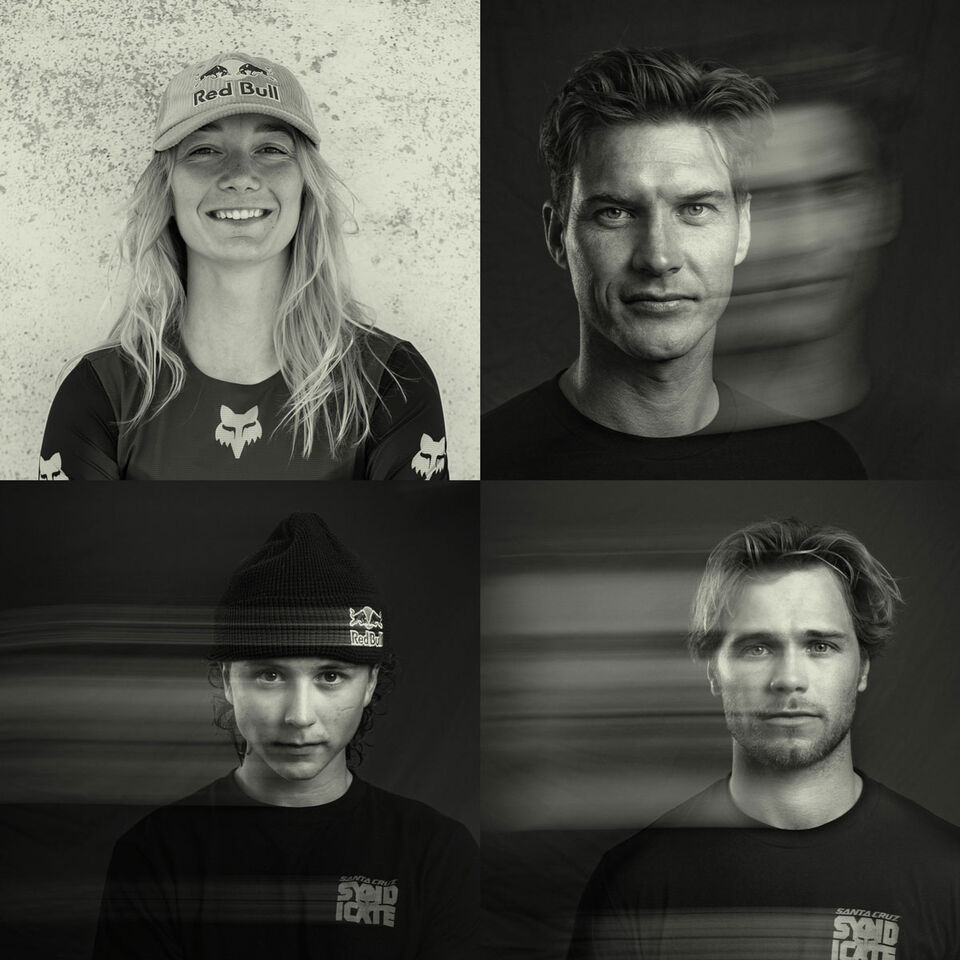 Four athletes in black and white.