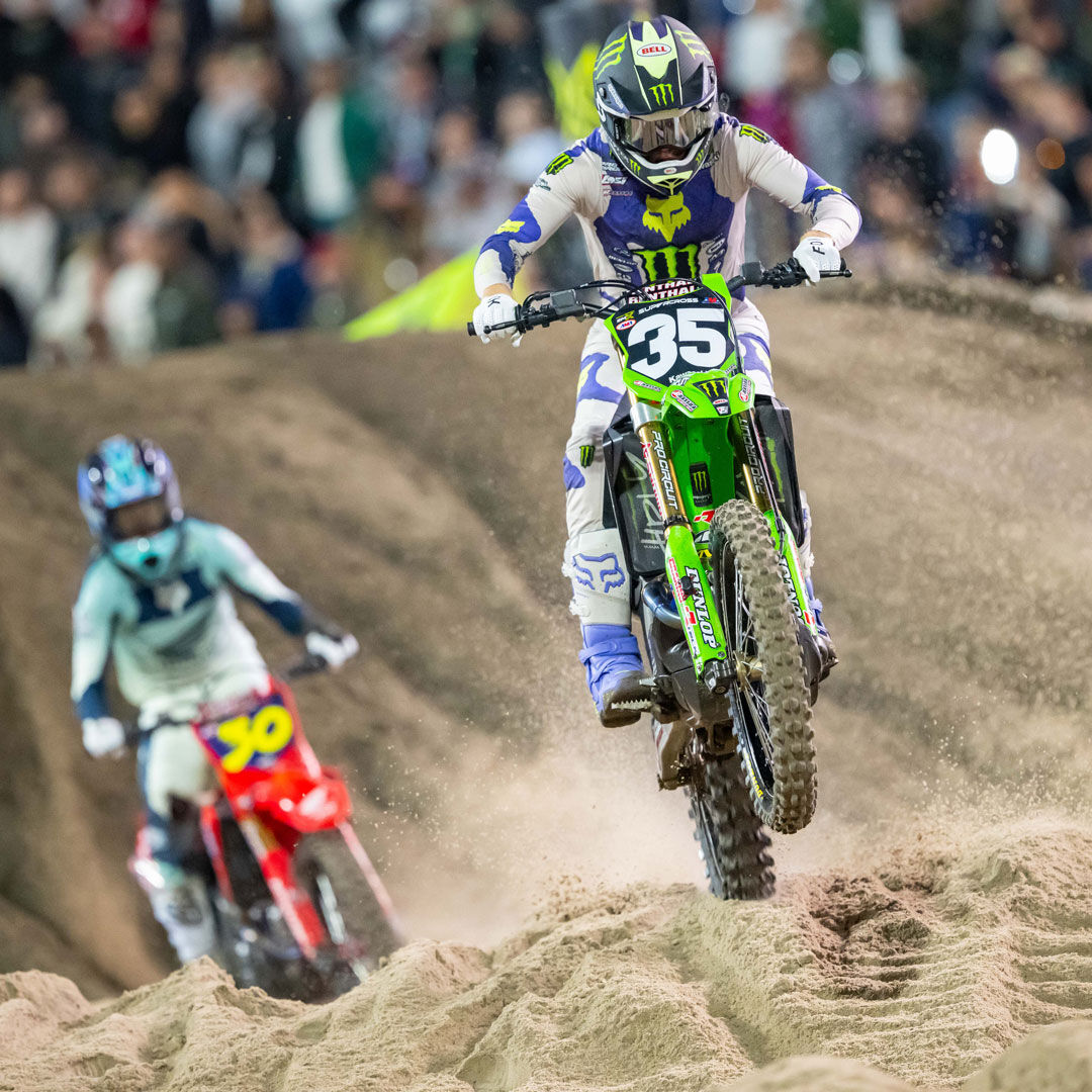 athlete riding a dirtbike wearing Fox awareness kit