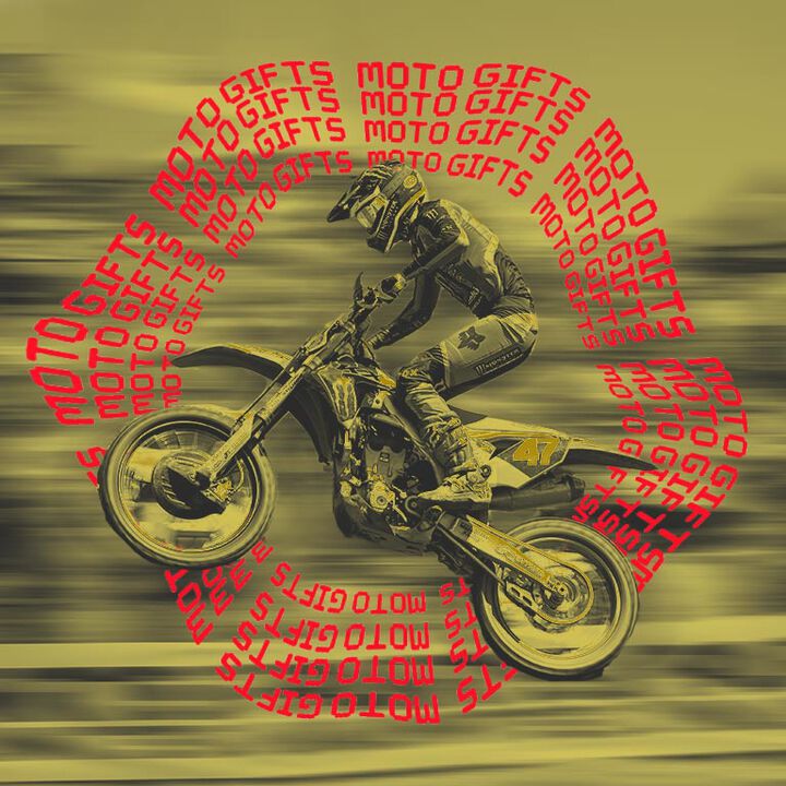 Motocross rider with stylized text calling out motocross gift guide