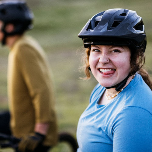 Bailey Goldstone smiling as she prepares to ride.
