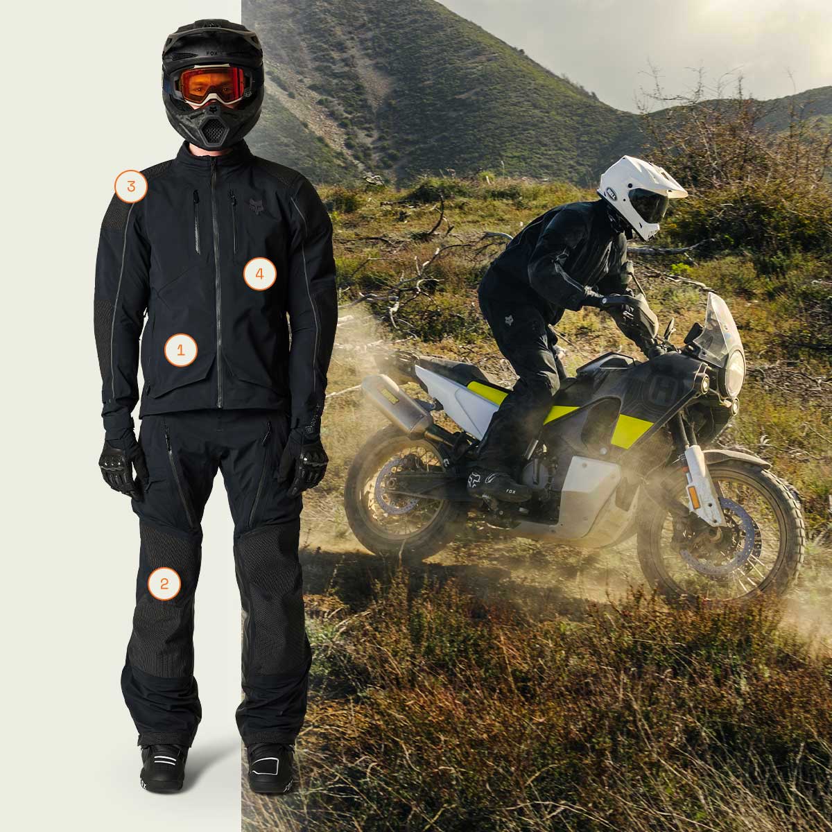 A side-by-side featuring a model wearing the Recon adventure suit from head to toe, alongside an the same model riding on a trail.